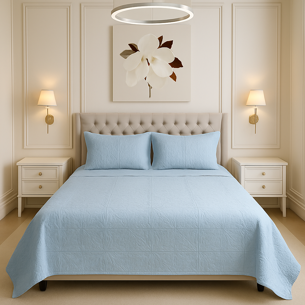 Sky Blue - Luxury King Size 3Pcs Bed Spread Set | Egyptian Cotton