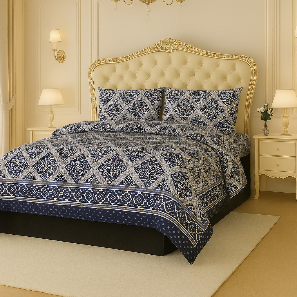 Sapphire Arabesque Crystal Cotton King Size Bed Sheet Set (3-Piece)