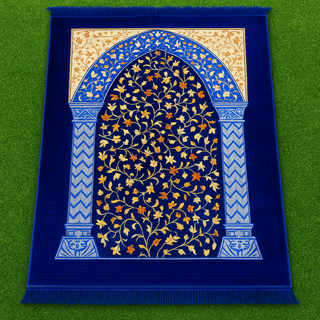 Royal Blue Mihrab Floral Vine Premium Velvet Prayer Mat