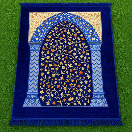 رائل بلیو محراب فلورل وائن پریمیم ویلویٹ پریئر چٹائی