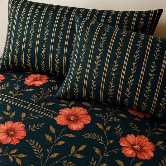 3 Pcs Twilight Florals Double Bed King Size Bed Sheet Set | Pure Cotton