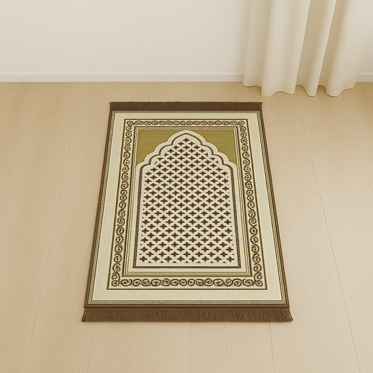 آئیوری اور زیتون محراب جالی پریمیم ویلویٹ پریئر چٹائی