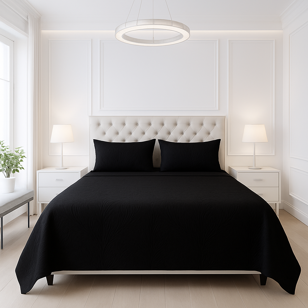 Black - Luxury King Size 3Pcs Bed Spread Set | Egyptian Cotton