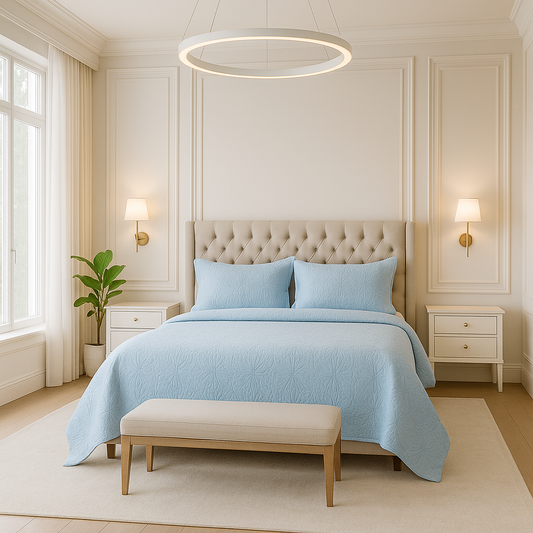 آئس بلیو لگژری کنگ سائز مصری کاٹن بیڈ اسپریڈ سیٹ (3 ٹکڑا)