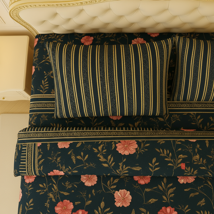 3 Pcs Twilight Florals Double Bed King Size Bed Sheet Set | Pure Cotton