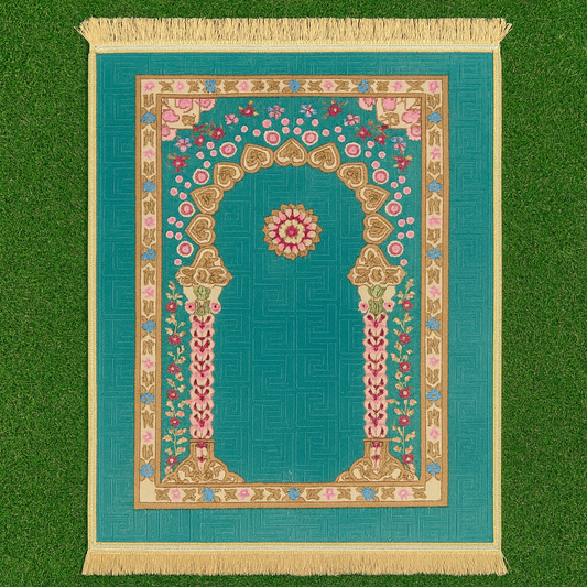 Turquoise Floral Arch Mihrab Premium Velvet Prayer Mat