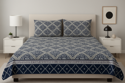 Blue - King Size 3 PCs Crystal Cotton Bed Sheet Set With Pillow Covers | Diamond Textile