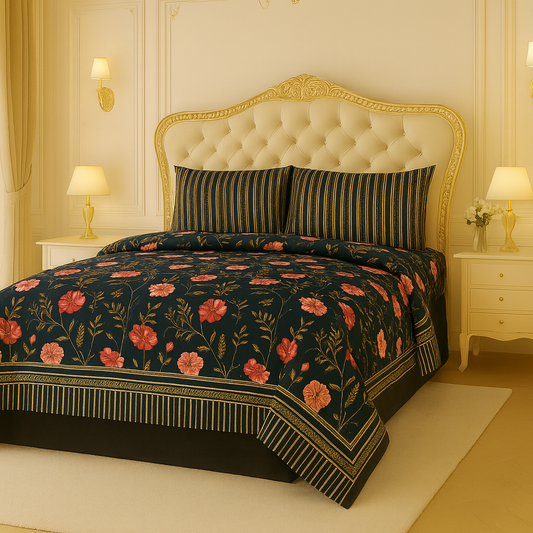 3 Pcs Twilight Florals Double Bed King Size Bed Sheet Set | Pure Cotton