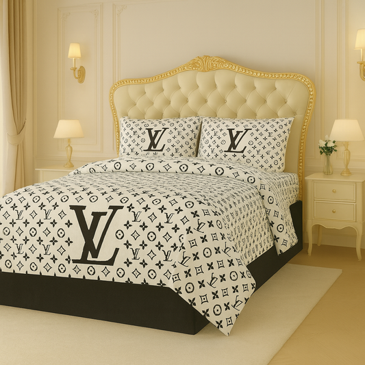 LV Pattern Monochrome King Size Bed Sheet Set (3-Piece)