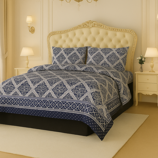 Sapphire Arabesque Crystal Cotton King Size Bed Sheet Set (3-Piece)
