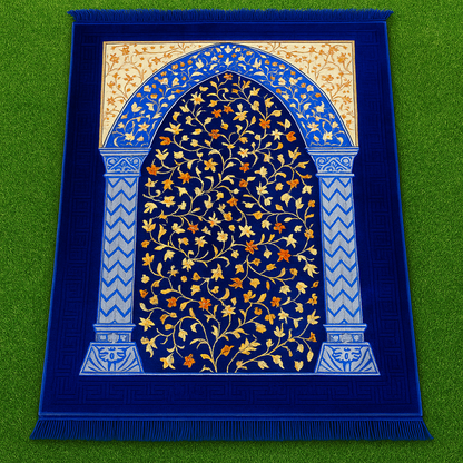 Royal Blue Mihrab Floral Vine Premium Velvet Prayer Mat