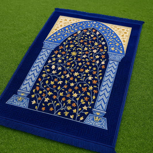 Royal Blue Mihrab Floral Vine Premium Velvet Prayer Mat