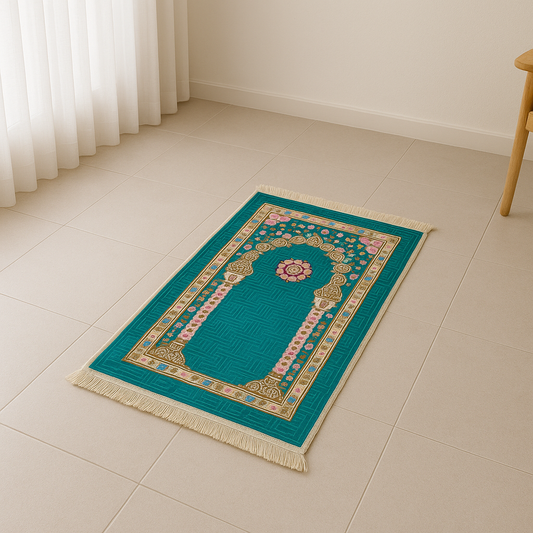 Turquoise Floral Arch Mihrab Premium Prayer Mat