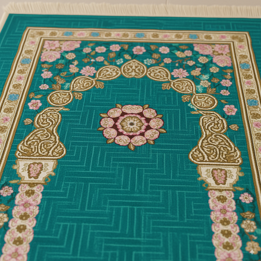 Turquoise Floral Arch Mihrab Premium Prayer Mat