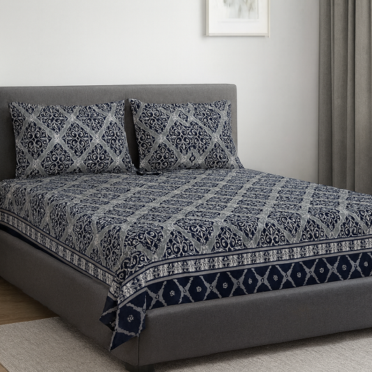 Blue - King Size 3 PCs Crystal Cotton Bed Sheet Set With Pillow Covers | Diamond Textile