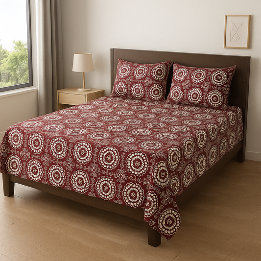 Maroon - King Size 3 PCs Crystal Cotton Bed Sheet Set With Pillow Covers | Diamond Textile